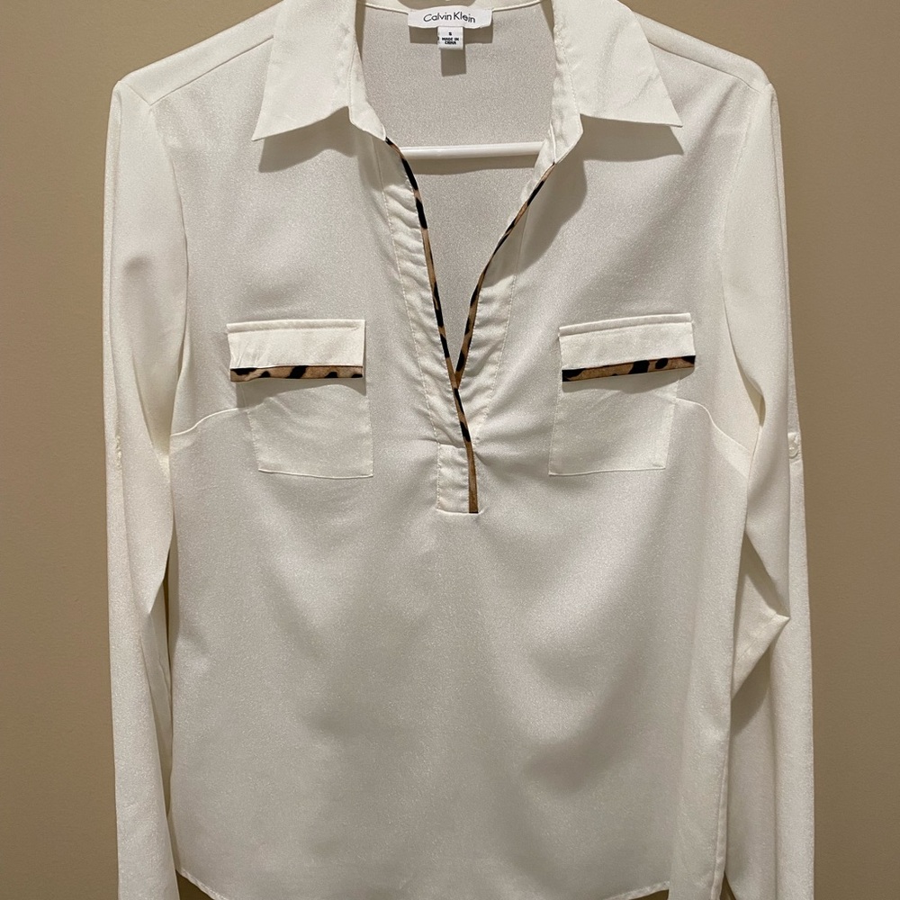 Calvin Klein Cream Long Sleeve Ruched Blouse
